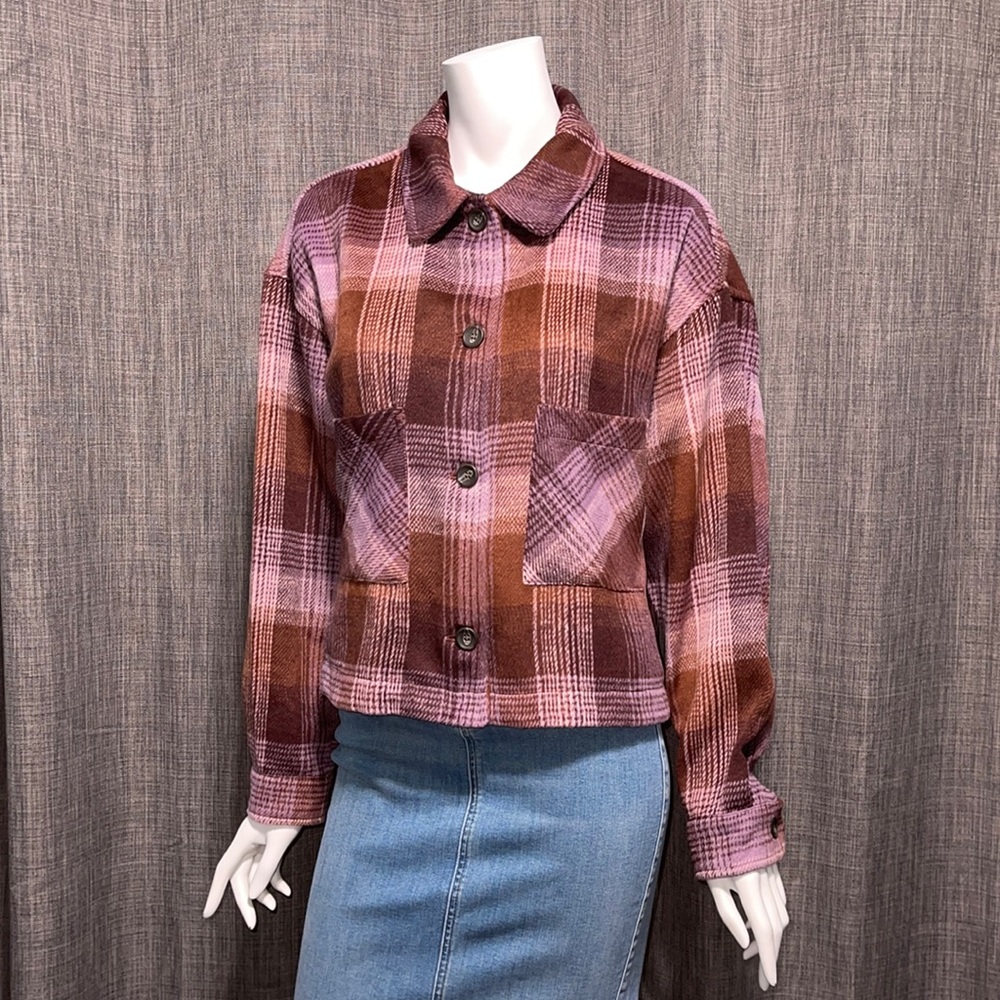 NWT For The Republic Purple Brown Plaid Cropped Boxy Shacket XL